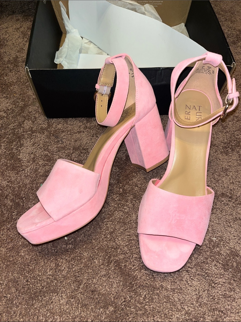 Naturalizer Pink Suede Block Heel Sandals with Ankle Strap